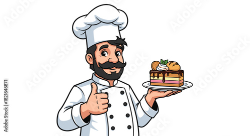 Enthusiastic Baker Presenting Delectable Cake Slice with Thumbs Up in Bright Studio: Restaurant Advertisement, Food Blog Illustration, Pastry Chef Image, Cartoon Style, Sweet Dessert Concept, Professi