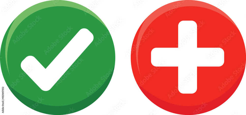 Fototapeta premium Green check mark and red plus sign icons on white background vector