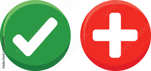 Green check mark and red plus sign icons on white background vector