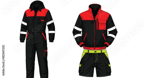 Illustrative Workwear Outfits Presenting Protective Uniforms for Construction and Emergency Services Showcasing Reflective Details and Durable Design for Corporate Presentation and Modern Workplace Ap