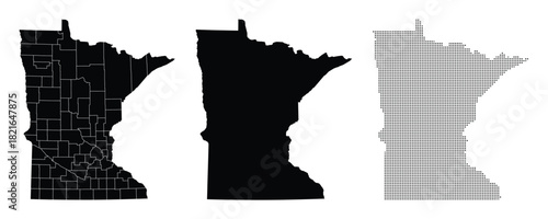Minnesota Map Vector Illustration with Counties, Silhouette Style