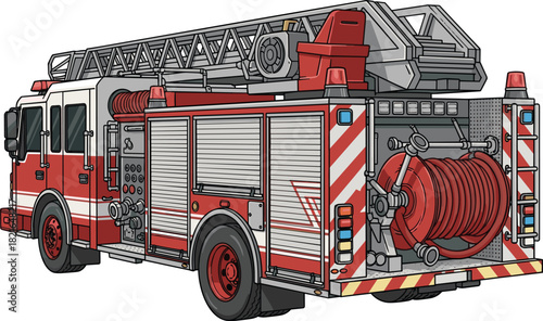 Detailed Firetruck Illustration Responding to Emergency, Rescue Vehicle, Back View on White Background, Emergency Services, Fast Response, Crisis Management, Safety, Support, Urgency, Risk, Presentati