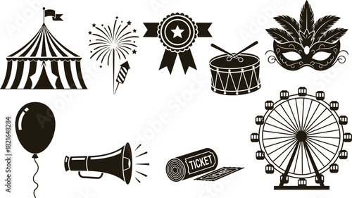 Carnival and festival icons in black and white silhouette style