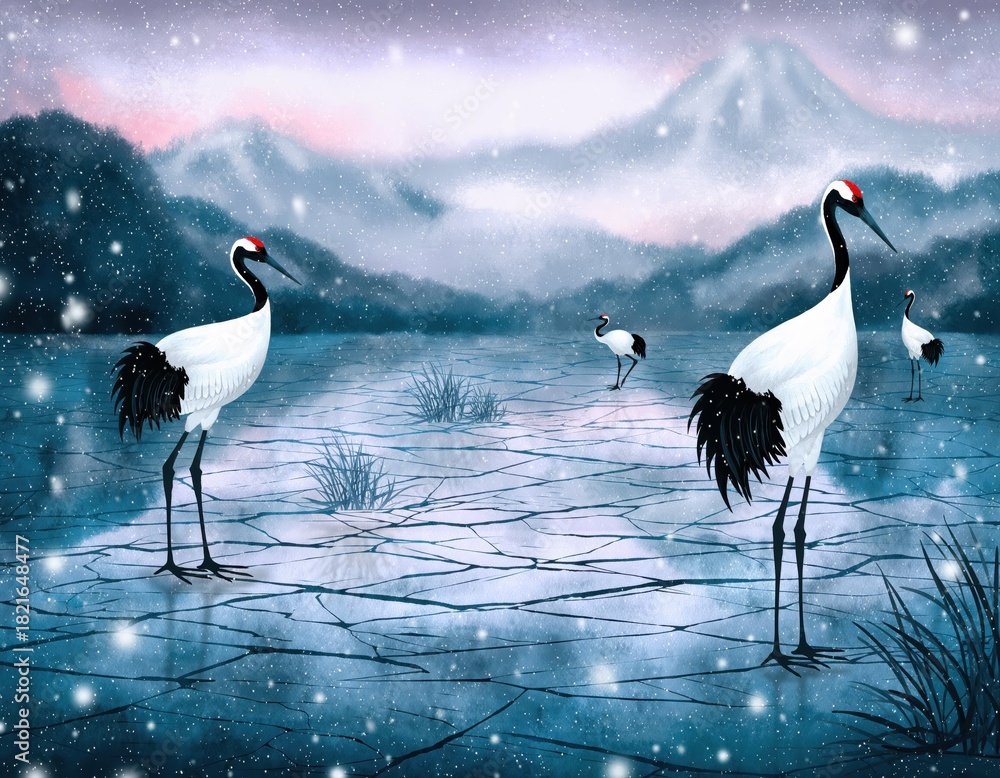 Obraz premium Elegant Cranes Standing on Frozen Lake in Winter Landscape Scene