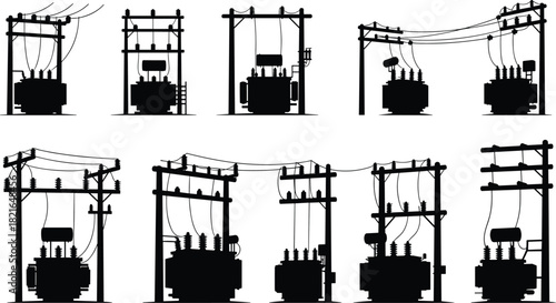 Set of electric transformer silhouettes on utility poles for power distribution grid vector illustration.