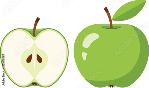 Whole green apple and sliced apple showing seeds and stem whole apple fruit