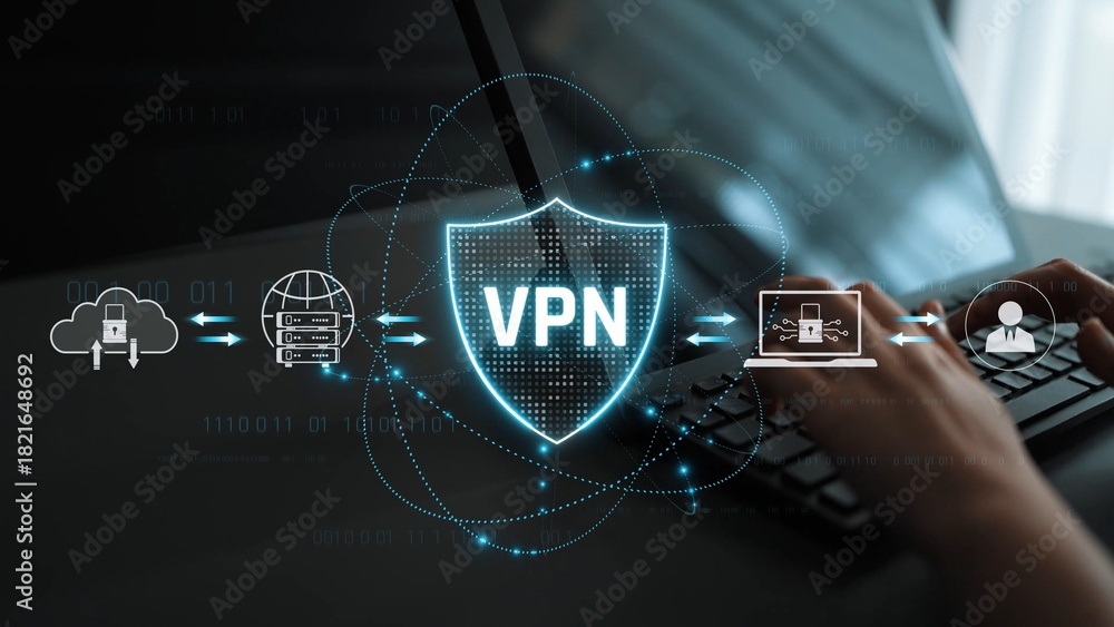 Fototapeta premium VPN security protects network access. VPN security encrypts data, hides identity, VPN security defends traffic, and VPN security secures connection from threats. Marrow