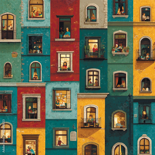 Illustration of a vibrant building facade featuring people in their windows, capturing everyday life, routines, and cozy urban moments. Vector illustration
