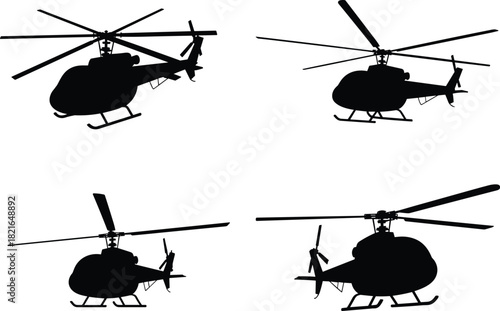 Helicopter silhouette set, black vector aircraft collection, military chopper icons, aviation transport design, flight symbol isolated on white background.