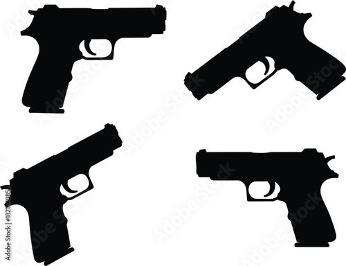 Black silhouette set of semi automatic pistols, vector gun collection, firearm icons isolated on white background, military police weapon design.