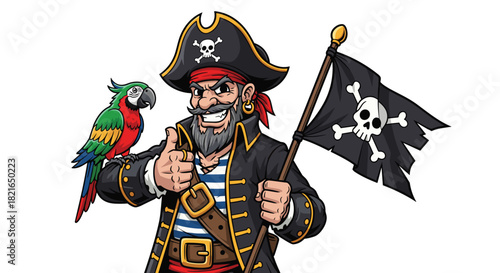 Cartoon Pirate Character Giving Thumbs Up with Jolly Roger Flag & Colorful Parrot Illustration - Nautical Buccaneer Mascot in Striped Shirt for Graphic Designs, Pirate Themed Events, Children's Illust