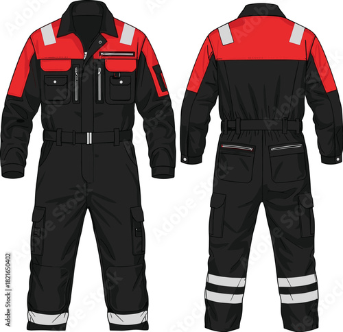 Professional Worker Overalls Illustration for Industrial Safety & Construction Projects: Detailed graphic of high-visibility red and black workwear jumpsuit, modeled for design presentation, advertisi