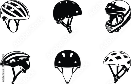 Bicycle helmet vector collection, black silhouette icons of cycling safety gear, motorbike and mountain bike protection, isolated sport equipment.