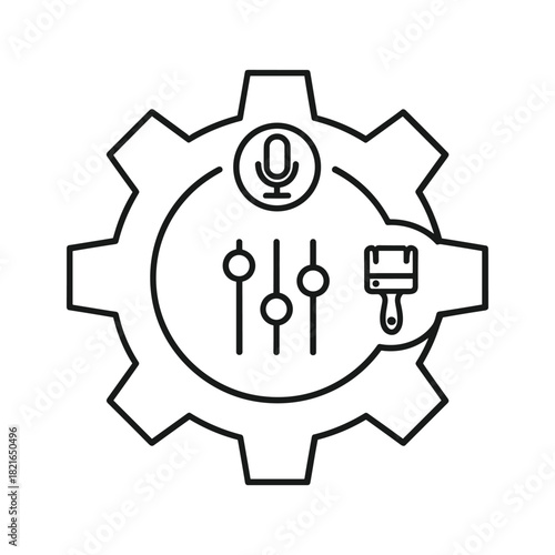 Line icon of audio mixing gear inside a cogwheel for sound design