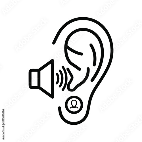 Line icon of human ear with sound wave and hearing aid symbol