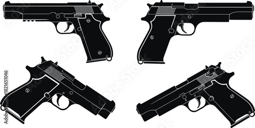 Black silhouette set of semi-automatic handguns, vector pistol illustrations, military weapon icons, isolated firearm collection on white background, police defense.