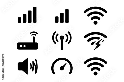 Wireless technology icons: signal strength, wifi, router, antenna, speed gauge, sound