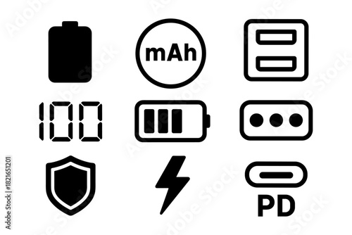 Charging and battery icon set with power indicators and connectors in bold outline design