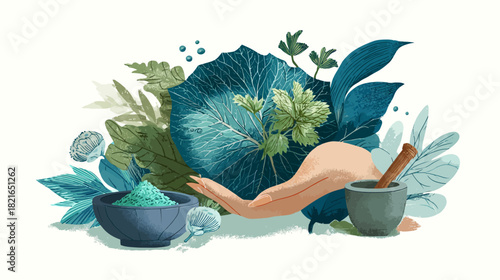 Natural beauty and wellness illustration with hand, organic botanical ingredients, mortar, pestle, and green powder for herbal medicine.