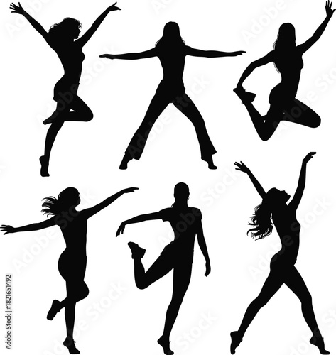 Set of black female silhouettes dancing, active women jumping, fitness girls exercising, aerobics vector collection, energetic people posing, isolated sport illustration.