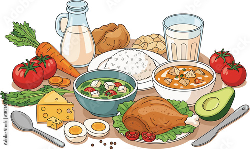 Nutritious Meal Composition Illustrating a Balanced Diet: Healthy Foods Arrangement for Wellness and Dietary Plans Presentation in Healthcare, Nutrition Education, and Lifestyle Marketing, Featuring V