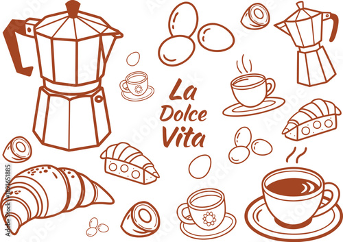 Hand drawn breakfast doodles set. Vector illustration of food and coffee icons in chalk, crayon drawing style for invitations, menus, parties. Minimalist line art. La dolce vita italian style.