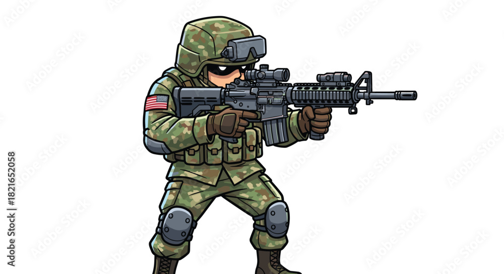 Obraz premium Cartoon Soldier Aiming Rifle in Combat Stance, Vigilant Military Personnel in Camouflage Uniform for Graphic Novels, Strategic Training Exercises, and Tactical Simulations in a War Zone Environment Po