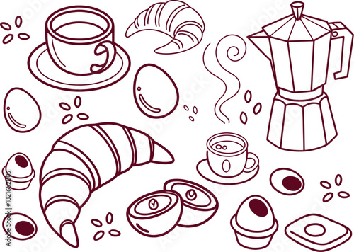 Hand drawn breakfast doodles set. Vector illustration of food and coffee icons in chalk, crayon drawing style for invitations, menus, parties. Minimalist line art. La dolce vita italian style.