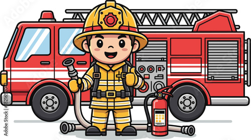 Cheerful Firefighter with Firetruck Cartoon Illustration Giving Thumbs Up on Duty, Ready for Action, Isolated on White, Ideal for Children's Education, Safety Awareness, Emergency Services, Kid-Friend