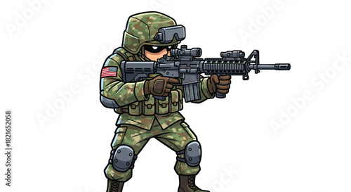 Cartoon Soldier Aiming Rifle in Combat Stance, Vigilant Military Personnel in Camouflage Uniform for Graphic Novels, Strategic Training Exercises, and Tactical Simulations in a War Zone Environment Po