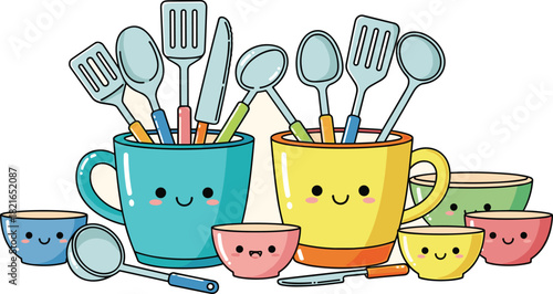 Cheerful Kitchen Utensils and Cookware Illustration Displayed in Blue and Yellow Mugs with Smiling Bowls, Perfect for Culinary Education, Recipe Websites, and Food Blog Design, Featuring Playful Carto