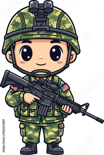 Chibi Soldier Holding a Rifle, Ready for Action in a Military Scenario, Representing Defense and National Security, Illustrated in a Cartoon Style for Children's Education and Patriotic Themes (Armed