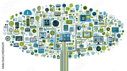 Conceptual digital ecosystem tree with interconnected technology icons and devices representing global network, data, and communication.