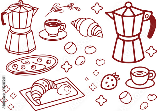 Hand drawn breakfast doodles set. Vector illustration of food and coffee icons in chalk, crayon drawing style for invitations, menus, parties. Minimalist line art. La dolce vita italian style.