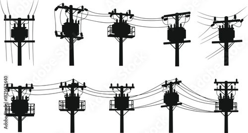 Silhouette vector illustration of utility poles with electrical transformers and wiring—technical infrastructure for power distribution, engineering, planning, education, and reference