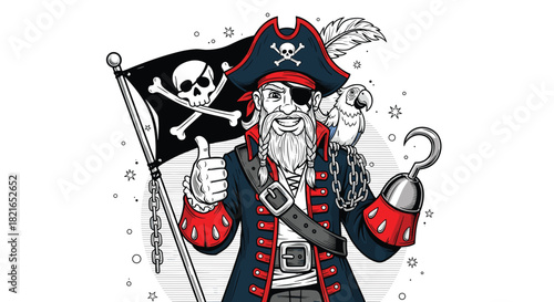 Happy Pirate Giving Thumbs Up with Jolly Roger Flag and Parrot Illustration: Maritime Adventure, Nautical Theme for Children's Entertainment, Cruise Line Marketing, Treasure Hunt Promotion, Swashbuckl