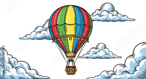 Vibrant Hot Air Balloon Floating Through a Dreamy Sky with Fluffy Clouds, a Whimsical Journey for Travel Enthusiasts and Adventure Seekers, Perfect for Children's Illustrations, Colorful Art, and Nost