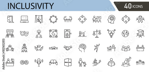 Inclusivity related icons set including diversity, equality, accessibility, teamwork, acceptance, unity, and community support. outline icons .