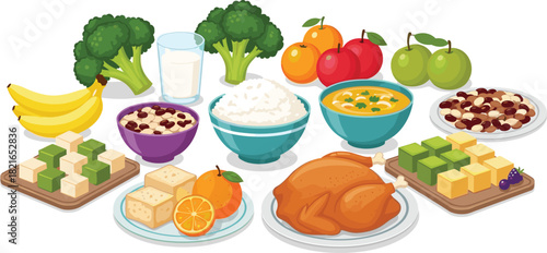 Isometric Balanced Meal Preparation, Variety of Foods: Fruits, Vegetables, Protein & Grains Displayed for Nutritional Planning, Healthy Eating Concepts, Diet & Wellness Presentation, Education, Culina