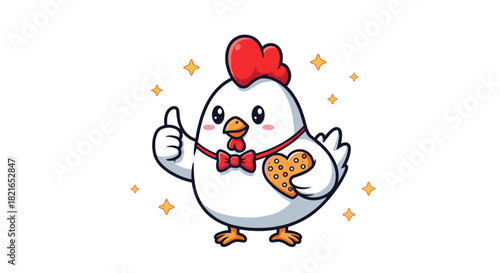 Adorable Chicken Giving a Thumbs Up and Holding a Heart Cookie on a White Background with Glittering Stars, Vector Cartoon Illustration for Valentine's Day, Perfect for Kids, Animal Lovers, Baking, Ed