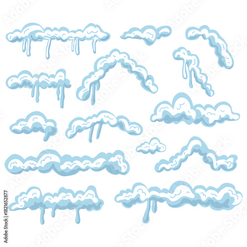 Set of  snow caps. Winter snow, roof and frame decoration elements for Christmas scenes, web graphics, cards, and game UI.