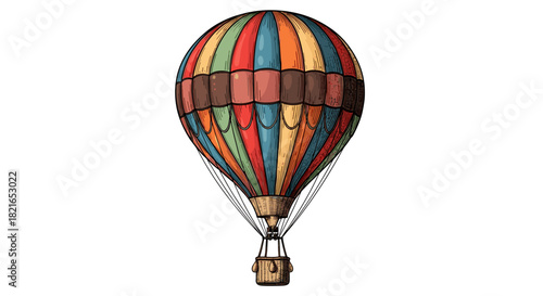 Whimsical Hot Air Balloon Ascending to Sky: Colorful Vintage Engraving for Adventure Travel, Aviation, and Nostalgic Themes—Perfect for Marketing, Education, Presentations, and Retro Decor, Showcasing