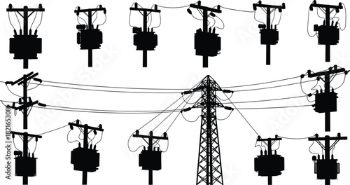 Extensive Electrical Grid Set: High Voltage Transmission Tower, Utility Poles, and Multiple Distribution Transformer Silhouettes