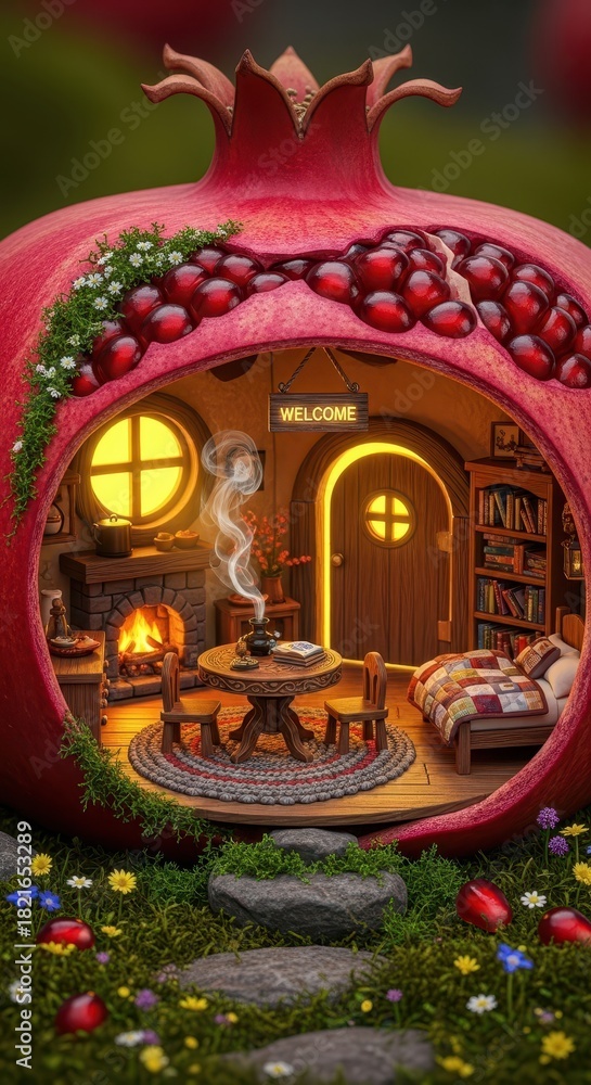 Obraz premium Whimsical dwelling carved inside a vibrant red fruit sits nestled in a lush garden setting