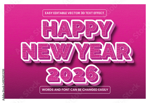Happy new year 2026 3d text effect on a vibrant purple background, easily editable vector design for celebration