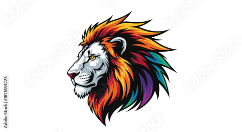 Colorful Lion Head Profile Roaring with Vibrant Mane on White Backdrop Representing Strength, Courage and Creativity for Branding, Mascot Design, Marketing, and Inspirational Wall Art with Bold Color