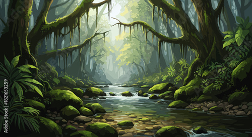 Tranquil River Flowing Through a Lush Jungle Landscape Painting with Mossy Rocks Reflecting Light, Ideal for Nature Therapy Presentations and Website Backgrounds, Evoking Peace and Wilderness in Vibra
