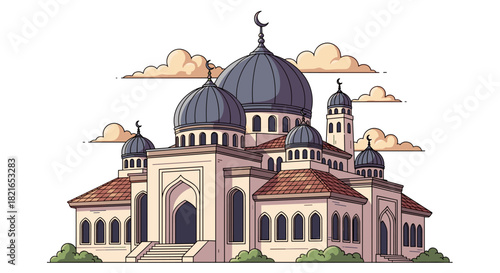 Illustration of an Islamic Mosque for Religious Observance and Cultural Representation, Set Against a Cloudy Sky, Ideal for Spiritual Content, Faith-Based Projects, Architecture Presentations, Graphic