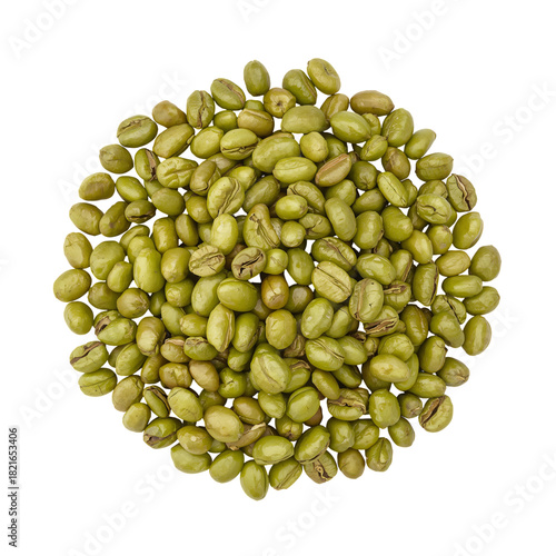 Fresh Green Coffee Beans Arranged in a Circular Pattern on a White Background