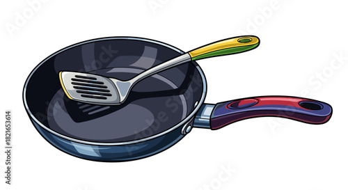 Frying Pan with Spatula Ready for Cooking: Kitchen Utensil for Culinary Arts, Preparing Meals at Home or Restaurant. Cookware, Stainless Steel, Healthy Lifestyle Illustration for Food Blog & Recipes (